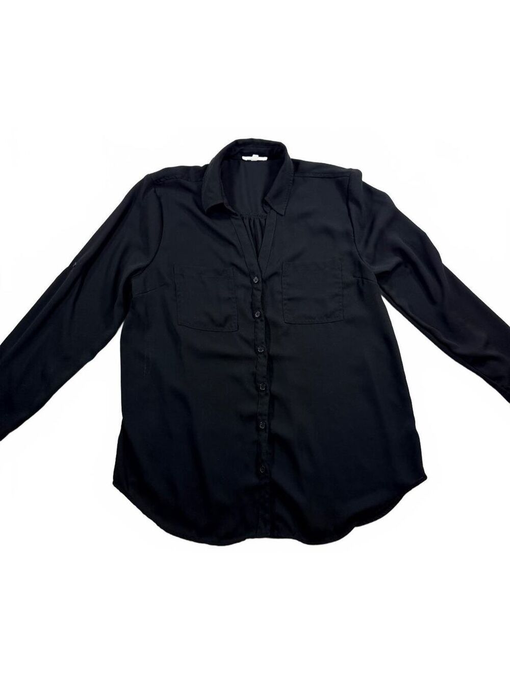 Maurices Women’s Large Black Button Front Blouse Roll Tab Sleeve High Low